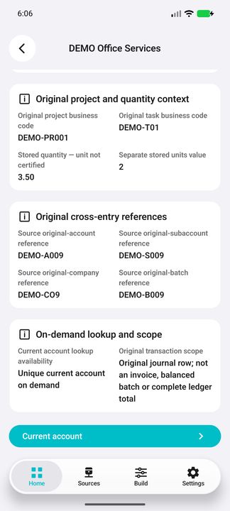 Original project and cross-entry context, journal scope and fully visible Current account button — Native Cifru DEMO, entirely fictional; not a real ERP test.