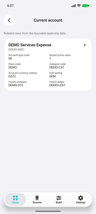 Actual on-demand current-account card with separate currency setting and parent company/ledger — Native Cifru DEMO, entirely fictional; not a real ERP test.