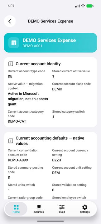 Current account identity, class/category, active migration context and separate accounting defaults — Native Cifru DEMO, entirely fictional; not a real ERP test.