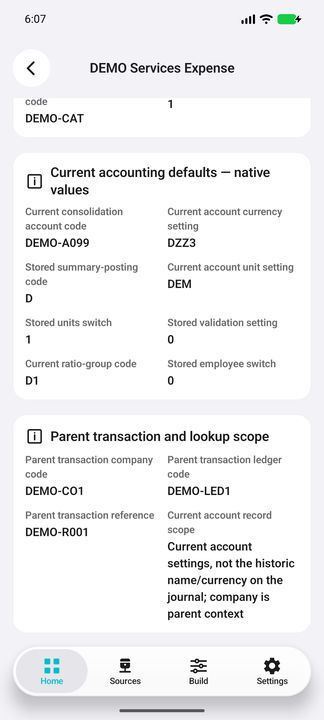 Current account defaults, original parent company/ledger/reference and explicit current-versus-historical scope — Native Cifru DEMO, entirely fictional; not a real ERP test.