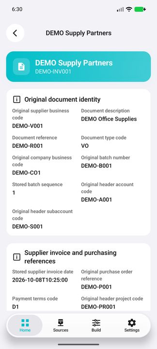 Original document supplier, reference/type, company/batch and separate header account context — Native Cifru DEMO, entirely fictional; not a real ERP test.