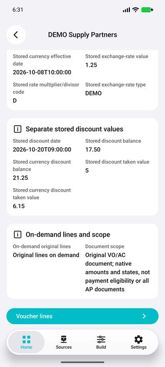 Stored currency/rate and separate discount values, document scope and fully visible Voucher lines button — Native Cifru DEMO, entirely fictional; not a real ERP test.
