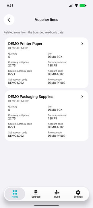 Actual populated on-demand voucher lines with complete quantity, currency price/amount and account/project cards — Native Cifru DEMO, entirely fictional; not a real ERP test.