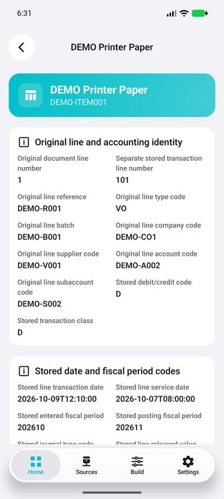 Original line numbers, document reference/type/company/batch, account/subaccount and date/period context — Native Cifru DEMO, entirely fictional; not a real ERP test.