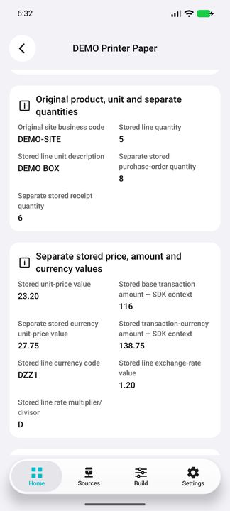 Original product/site, separate line/purchase/receipt quantities and separate stored base/currency prices and amounts — Native Cifru DEMO, entirely fictional; not a real ERP test.
