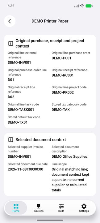 Original purchase/receipt/project references and separately identified selected-document invoice, description and due date — Native Cifru DEMO, entirely fictional; not a real ERP test.