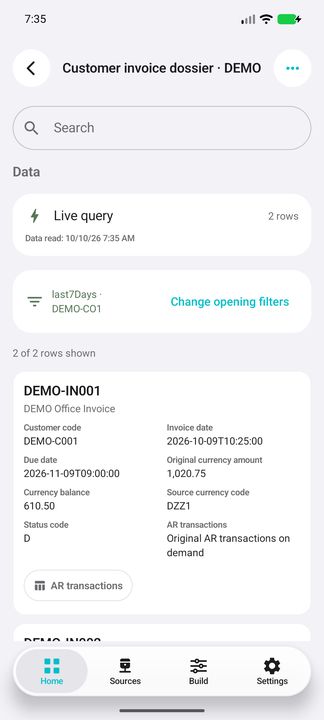 Invoice list, date/company opening choice, full first card and AR transactions button — Native Cifru DEMO, entirely fictional; not a real ERP test.
