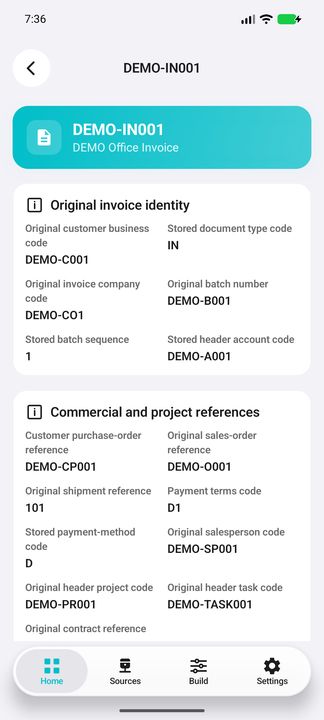 Invoice Details: original customer/company/batch and commercial references — Native Cifru DEMO, entirely fictional; not a real ERP test.