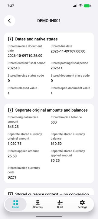Invoice Details: dates and separate original/currency amounts, balances and applied values — Native Cifru DEMO, entirely fictional; not a real ERP test.