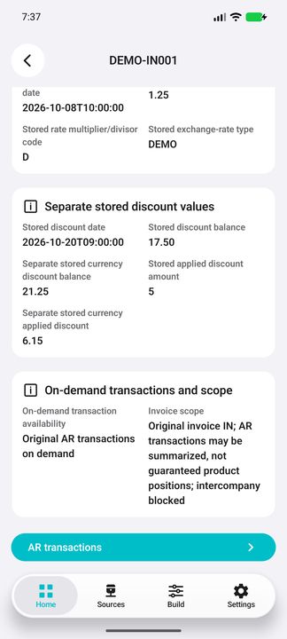 Invoice Details: discounts, scope explanation and on-demand AR transactions button — Native Cifru DEMO, entirely fictional; not a real ERP test.