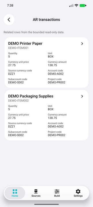 Original AR transaction cards opened from the selected invoice, not guaranteed product positions — Native Cifru DEMO, entirely fictional; not a real ERP test.