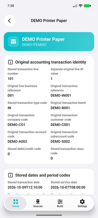 Transaction Details: original reference/company/customer and accounting identity — Native Cifru DEMO, entirely fictional; not a real ERP test.