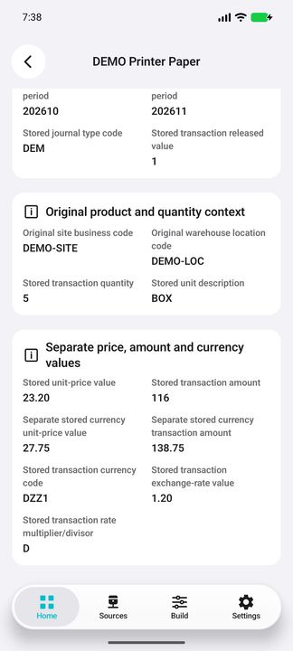 Transaction Details: separate original and currency prices, amounts and rate context — Native Cifru DEMO, entirely fictional; not a real ERP test.