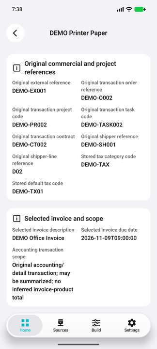 Transaction Details: commercial references, selected invoice context and summarized-row caveat — Native Cifru DEMO, entirely fictional; not a real ERP test.