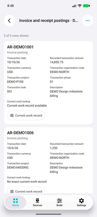 AR posting: complete amount, currency and work card — Native Cifru DEMO; wholly fictional data. Not a real Vantagepoint test.
