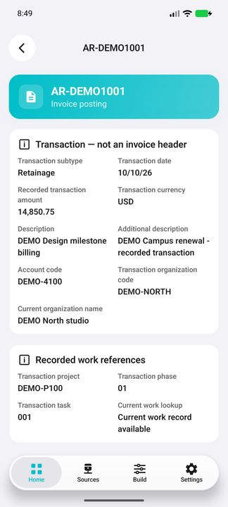 Transaction Details: amount, currency, account and organization — Native Cifru DEMO; wholly fictional data. Not a real Vantagepoint test.