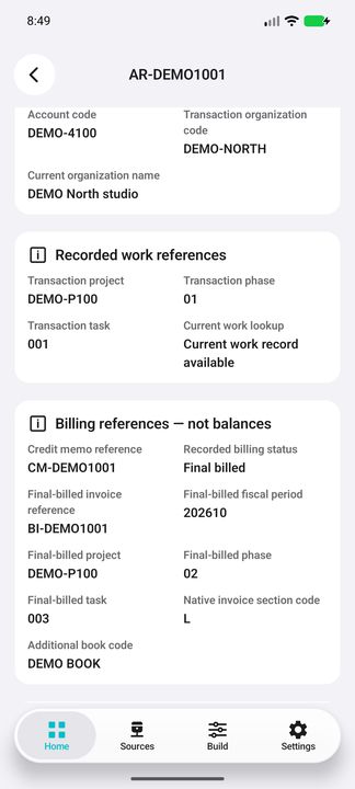 Transaction Details: distinct billing references — Native Cifru DEMO; wholly fictional data. Not a real Vantagepoint test.