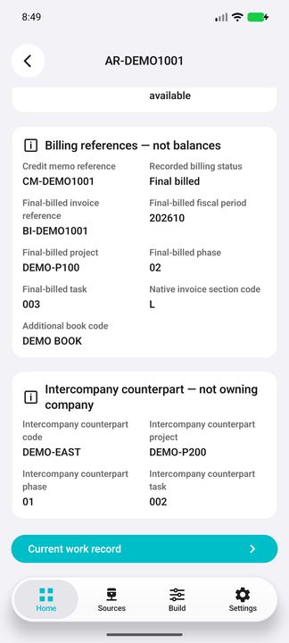 Transaction Details: intercompany counterpart and current work button — Native Cifru DEMO; wholly fictional data. Not a real Vantagepoint test.