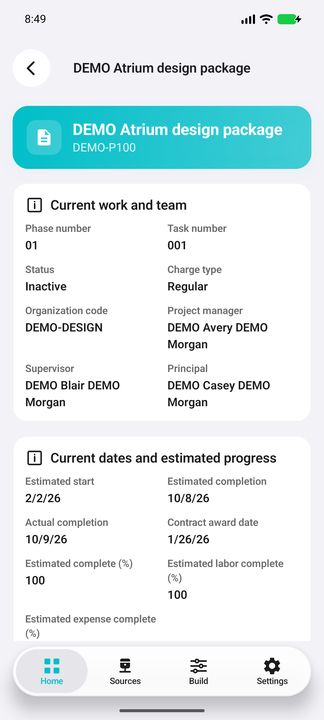 Current work Details: team, dates and estimated progress — Native Cifru DEMO; wholly fictional data. Not a real Vantagepoint test.