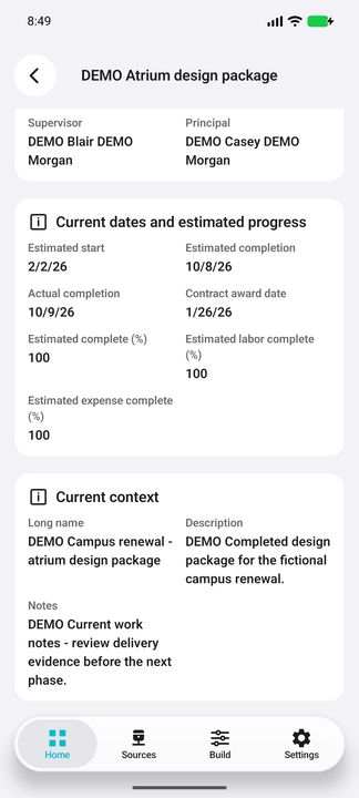Current work Details: progress, description and notes — Native Cifru DEMO; wholly fictional data. Not a real Vantagepoint test.