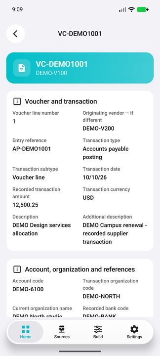 Voucher Details: transaction, distinct vendor references and descriptions — Native Cifru DEMO; wholly fictional data. Not a real Vantagepoint test.