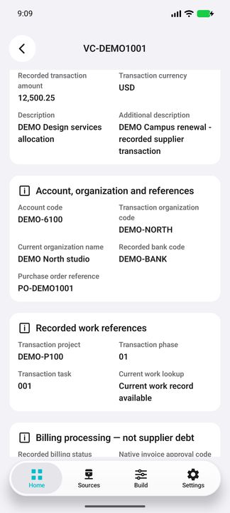 Voucher Details: account, organization, bank code, purchase order and work — Native Cifru DEMO; wholly fictional data. Not a real Vantagepoint test.