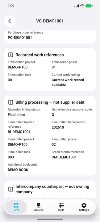 Voucher Details: billing-processing references, not a supplier balance — Native Cifru DEMO; wholly fictional data. Not a real Vantagepoint test.