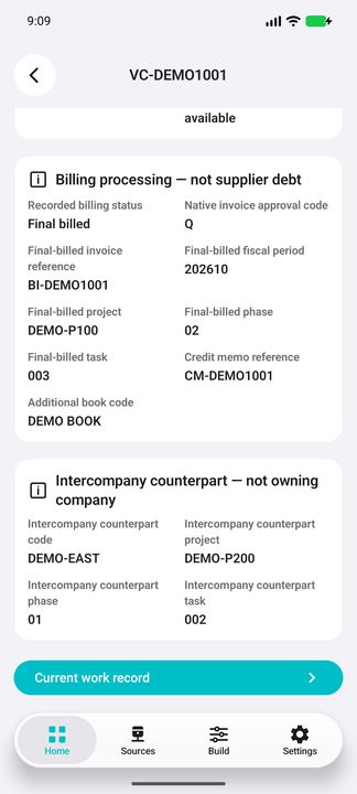 Voucher Details: intercompany counterpart and current work button — Native Cifru DEMO; wholly fictional data. Not a real Vantagepoint test.