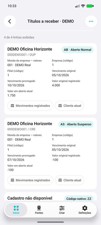 Títulos: cliente, situação, moeda da empresa, vencimentos, valores original/em aberto e os dois sub-botões — Cifru nativo; DEMO, dados fictícios. Não é teste em ERP real.