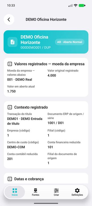 Detalhes do título: valores registrados na moeda da empresa e contexto de cobrança/contas — Cifru nativo; DEMO, dados fictícios. Não é teste em ERP real.