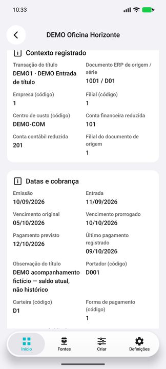 Continuação: emissão, entrada, vencimentos, pagamento previsto, último pagamento e observação — Cifru nativo; DEMO, dados fictícios. Não é teste em ERP real.
