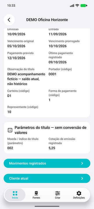 Continuação: portador, carteira, forma de pagamento e moeda/índice do título, sem conversão de valores — Cifru nativo; DEMO, dados fictícios. Não é teste em ERP real.