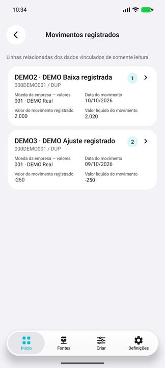 Movimentos registrados do título exato: sequência, transação, data e valores nativos separados — Cifru nativo; DEMO, dados fictícios. Não é teste em ERP real.