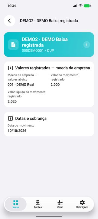 Detalhes de um movimento: valor registrado e valor líquido sem recalcular saldo ou câmbio — Cifru nativo; DEMO, dados fictícios. Não é teste em ERP real.