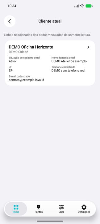 Cliente atual do título: situação, nome fantasia, cidade, UF e contatos demonstrativos — Cifru nativo; DEMO, dados fictícios. Não é teste em ERP real.
