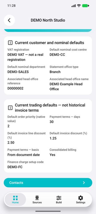 Customer Details continuation: VAT, nominal settings, head office, payment and discount defaults. — Native Cifru; fictional DEMO, not a real Sage installation test.