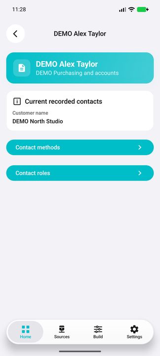 Contact Details and both actual related buttons: methods and roles. — Native Cifru; fictional DEMO, not a real Sage installation test.