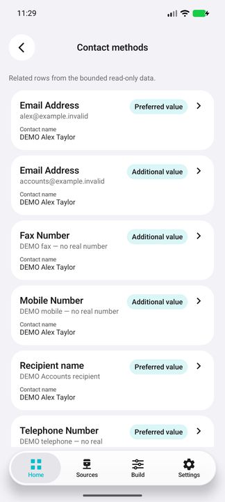 Multiple email and telephone/contact values; explicit preferred/additional values. — Native Cifru; fictional DEMO, not a real Sage installation test.