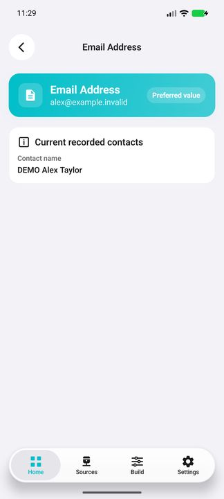 Selected email Details, actual recorded value, preference and contact context. — Native Cifru; fictional DEMO, not a real Sage installation test.