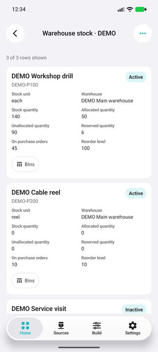 Complete product/warehouse card with stock unit, quantities, allocations, reservations and reorder level. — Native Cifru; fictional DEMO, not a real Sage installation test.