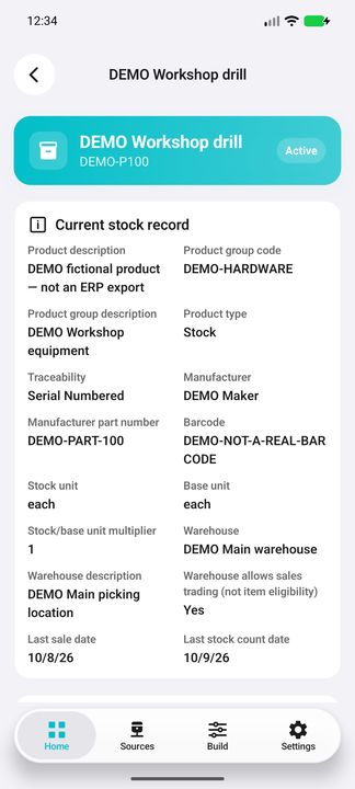 Product Details: group, type, traceability, manufacturer, part, barcode, units and warehouse context. — Native Cifru; fictional DEMO, not a real Sage installation test.