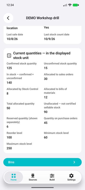 Warehouse quantity Details, separate allocation components, purchase-order quantity and stock thresholds. — Native Cifru; fictional DEMO, not a real Sage installation test.