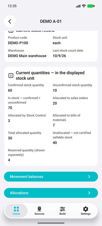 Selected bin Details: quantities, count date and both actual lazy buttons. — Native Cifru; fictional DEMO, not a real Sage installation test.