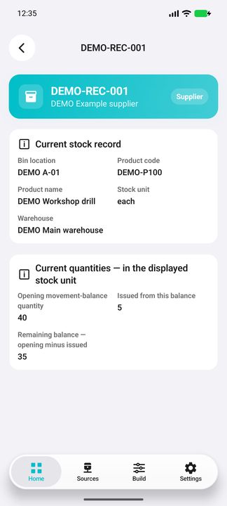 Selected movement-balance Details with its product, bin, warehouse and source context. — Native Cifru; fictional DEMO, not a real Sage installation test.