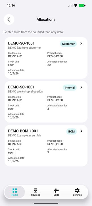 All three allocations in this DEMO bin: customer, internal and BOM source categories. — Native Cifru; fictional DEMO, not a real Sage installation test.