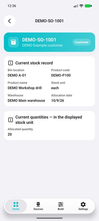 Selected allocation Details with recipient, allocation date, stock unit and full location context. — Native Cifru; fictional DEMO, not a real Sage installation test.