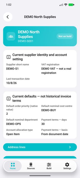 Supplier identity, VAT reference, account allocation type and current trading defaults. — Native Cifru; fictional DEMO, not a real Sage installation test.