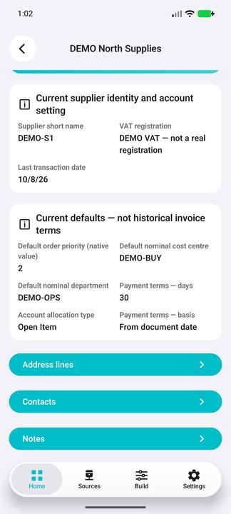 Continued current supplier defaults, last transaction date and all three actual related actions. — Native Cifru; fictional DEMO, not a real Sage installation test.
