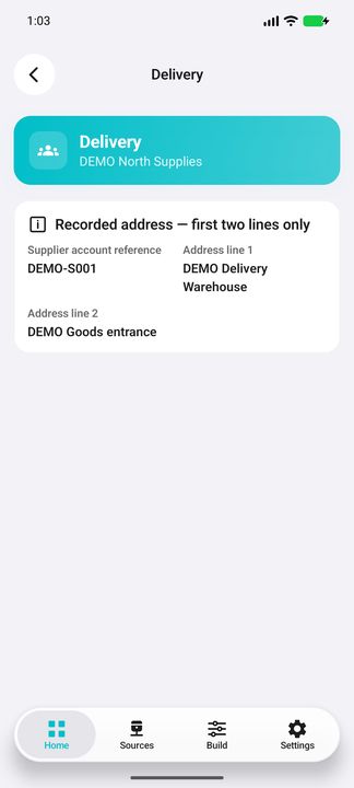Selected recorded Delivery location: first two address lines and supplier context, not a full postal address. — Native Cifru; fictional DEMO, not a real Sage installation test.