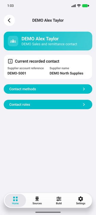 Selected contact and description, supplier reference and both methods/roles actions. — Native Cifru; fictional DEMO, not a real Sage installation test.